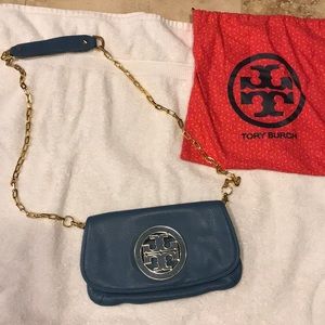 Blue Tory Burch convertible clutch purse